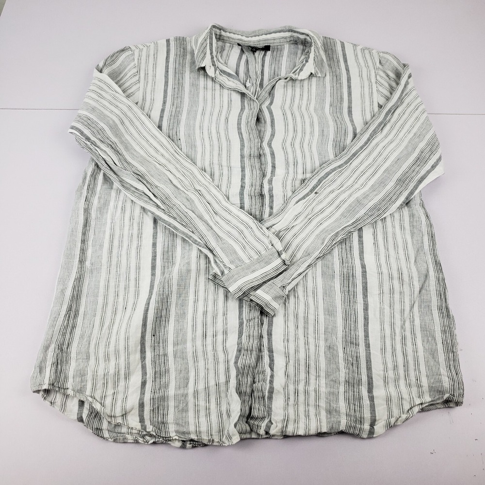 Lafayette 148 Blouse Shirt Women's Medium Gray Striped 100% Linen Tunic Top